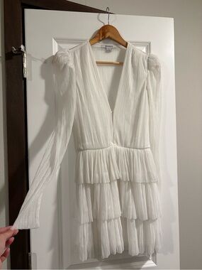 Sabina Musayev White Pleated Tiered Long-Sleeve Dress